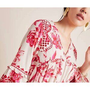 Anthropologie Red Cream Floral V-Neck Long Sleeve Tiered Dress Embroidered M